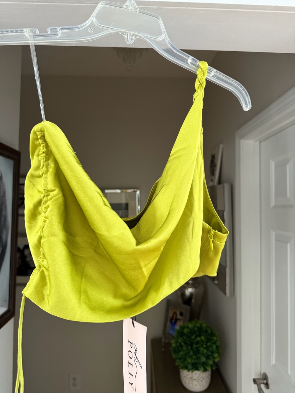 Oh Polly One-Shoulder Lime Green Satin Crop Set - Picture 2 of 7